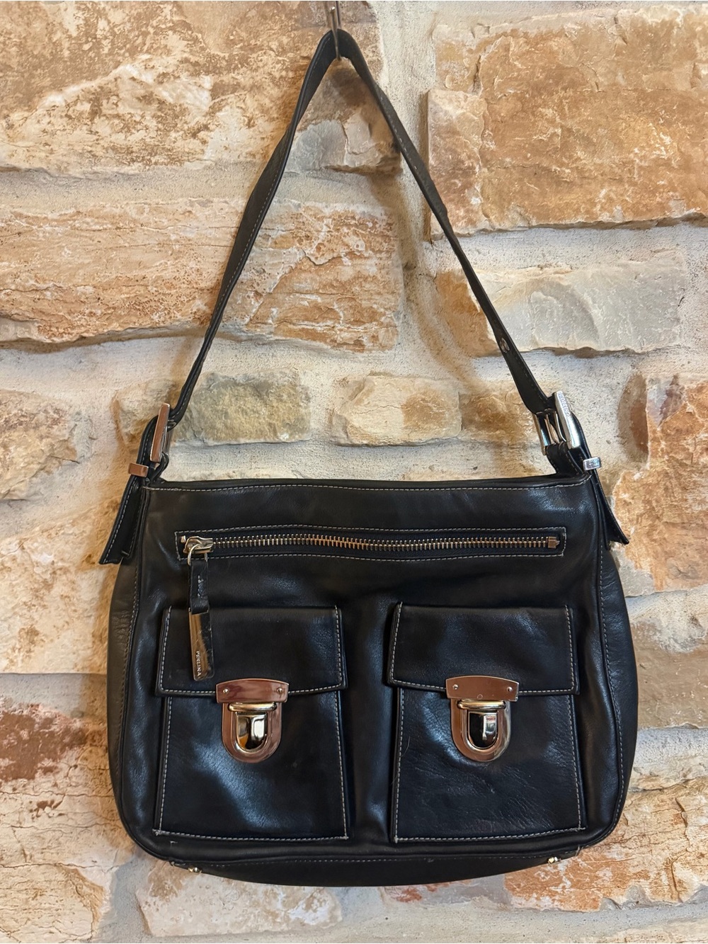 Perlina Black Leather Shoulder Bag with Front Pockets
